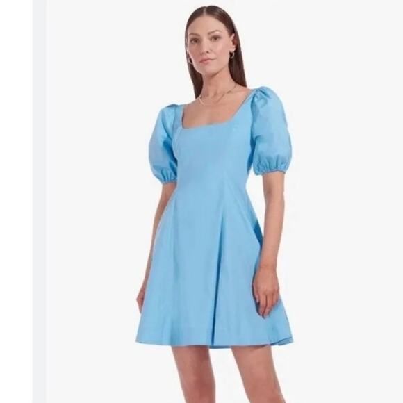 STAUD Laelia Puff Sleeve Mini Dress 4‎ Blue Poplin Corset Fit Flare Square Neck - Picture 1 of 14